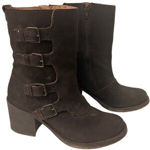 JL J. Litvack Moto Boots Bootie Brown Suede Four Buckle Chunky Stacked Heel